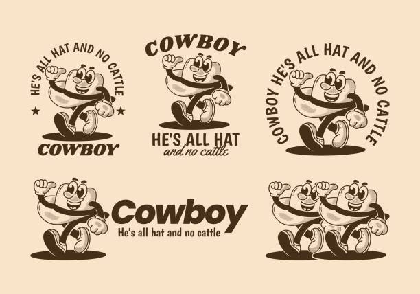 Cowboy, He's all hat and no cattle. Vintage mascot character of walking cowboy hat