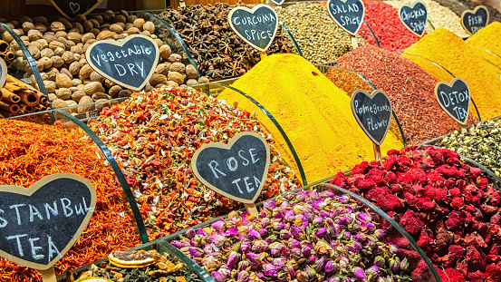 Herbal tee. Various sorts of tea and spices at Egypt Bazaar (Misir Carsisi) in Istanbul, Turkey (Turkiye). Selected focus, copy space, colorful set of spices