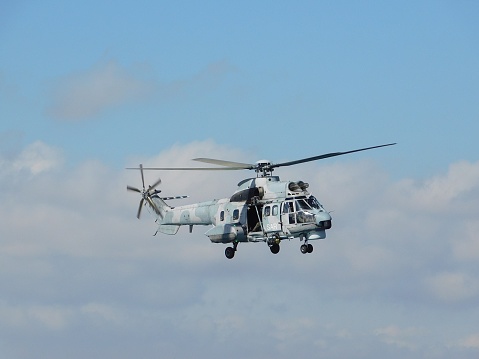 Westfield, United States – May 20, 2023: United States Marine MH-63 helicopter performing an aerial demonstration at an airshow in western Massachusetts