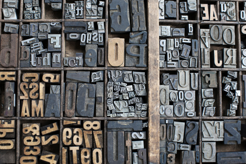 Type in Old Letter Press Wood Box.