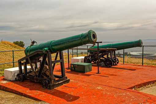 Two 18-pound smooth bore cannon from 1794 at Lion Battery, Signal Hill used as Noon signal guns in Cape Town South Africa
