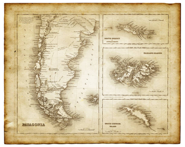 map of patagonia 1856 map of Patagonia 1856 - insets of Falkland island, south Orkney and South Georgia island. patagonia argentina photos stock illustrations