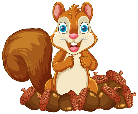 A cheerful cartoon squirrel surrounded by acorns, isolated on a white background