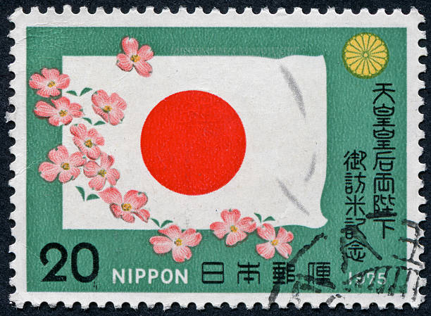 kirschblüten selo e bandeira do japão - japan flag japanese flag white imagens e fotografias de stock
