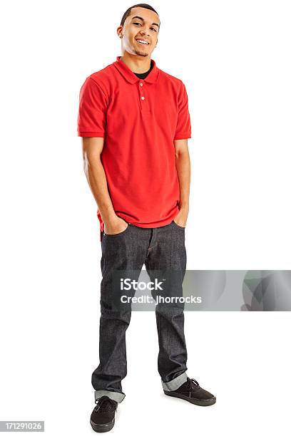 Casual Hombre Joven En Blanco Foto de stock y más banco de imágenes de Camisa de polo - Camisa de polo, Hombres, Rojo
