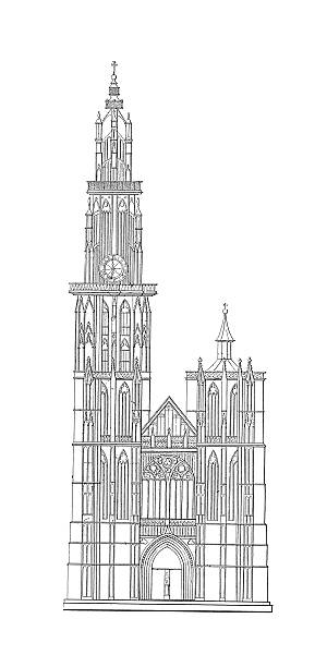 собор нашей дамы, антверпен, бельгия/античный архитектурные иллюстрации - cathedral of our lady stock illustrations