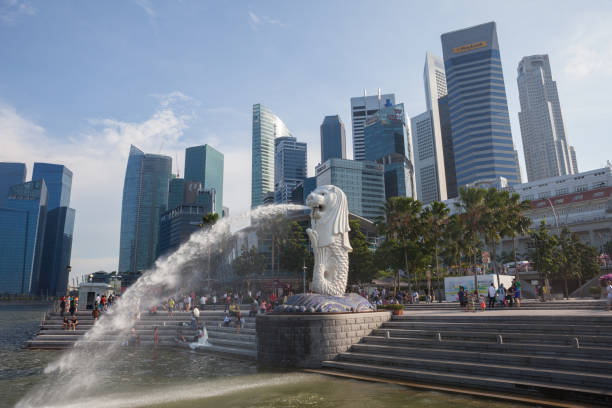 Singapore- 20 Nov, 2020: Merlion fountain in front of the Marina Bay Sands hotel in Singapore. Merlion is a imaginary creature with the head of a lion, seen a symbol of Singapore