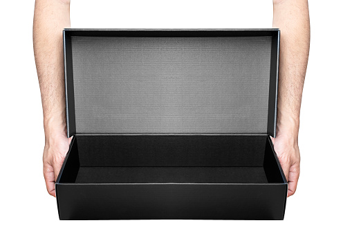 Hand hold open black box isolated on white background with clipping path