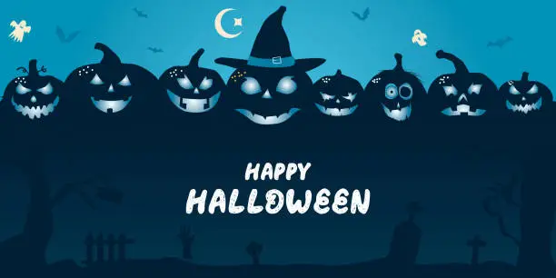 Vector illustration of Happy Halloween sale banner or party invitation on blue and black abstract background with pumpkins, flying bats, moon elements design and more.