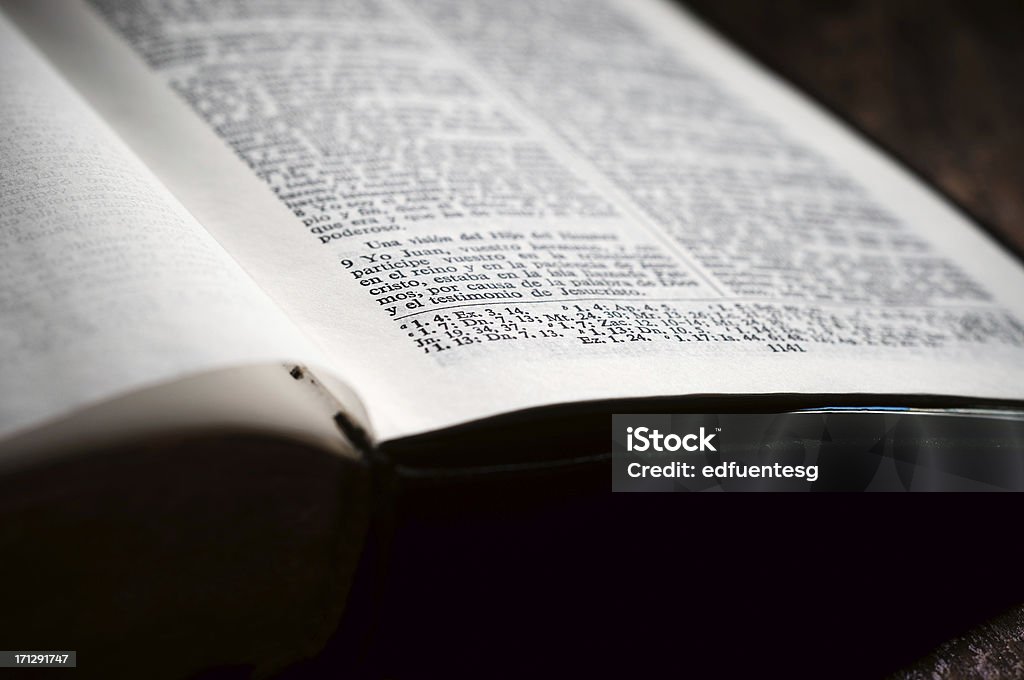 Bible A spanish language Bible opened. Book Stock Photo