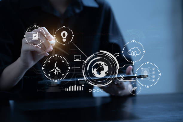 istock Female using tablet for working technology and business,  Renewable energy-based green businesses and global warming. Reduce CO2 emission. 1712920672