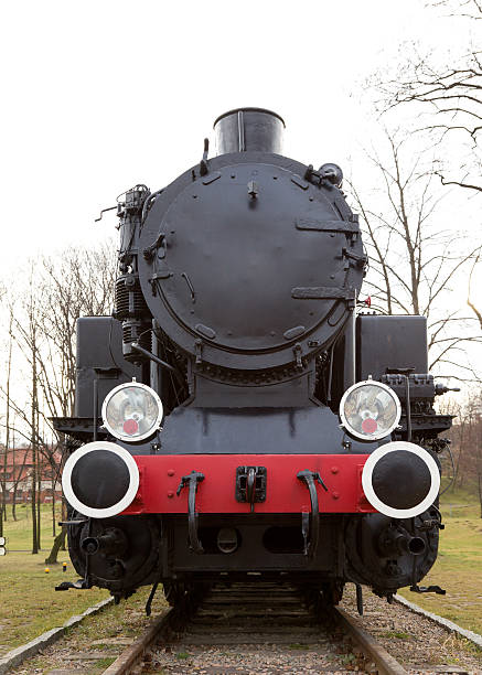 A side view of an old, dark steam locomotive resting on a rail track near a hillside. The weathered metal surfaces and classic design elements evoke historical rail transport. The surrounding greenery and muted colors create a nostalgic, rustic atmosphere.