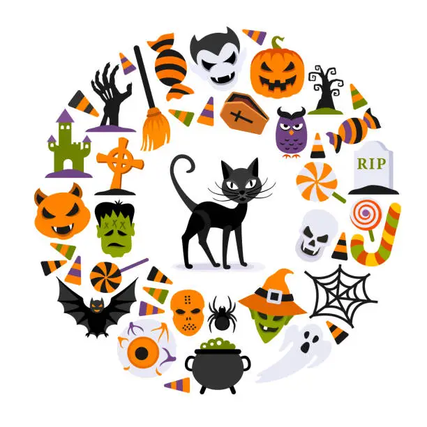 Vector illustration of Halloween round composition. Trick Or Treaters. Spooky Montage.