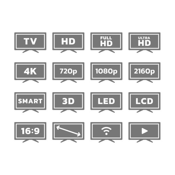 ilustraciones, imágenes clip art, dibujos animados e iconos de stock de televisor, resoluciones de pantalla e iconos de televisión inteligente - 720p