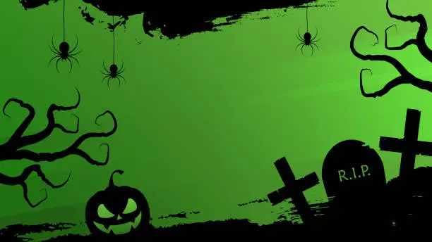 Vector illustration of Halloween theme scary banner with traditional Halloween holiday spooky symbols for invitations and greetings designs. Black and green colors.