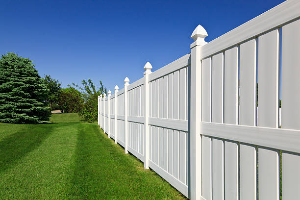 New white fence New and contemporary white vinyl fence running across a nicely landscaped backyard with lawn and blue sky in the background. fence stock pictures, royalty-free photos & images