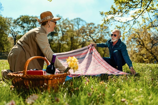 Senior couple placing a blanket in the park