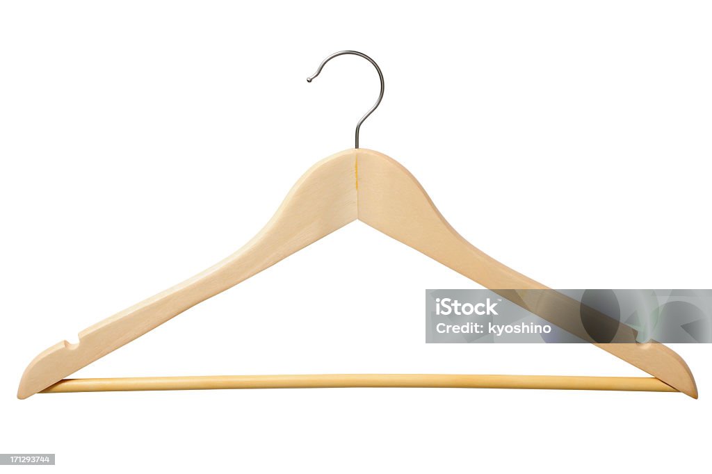Isolated shot of wooden coat hanger on white background Wooden coat hanger isolated on white background with clipping path. Coathanger Stock Photo