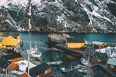 View on Nusfjord harbour in winter in the Lofoten in Norway