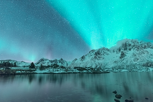 Northern Lights, polar light or Aurora Borealis in the night sky over the Lofoten islands in Northern Norway. Wide panoramic image with snow covered mountains and a fjord in the foreground.