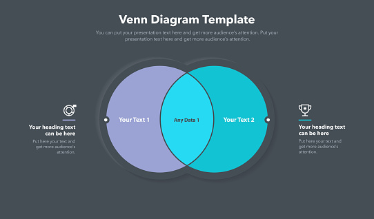 Venn diagram template with two ways and place for your content - dark version. Slide for business presentation.