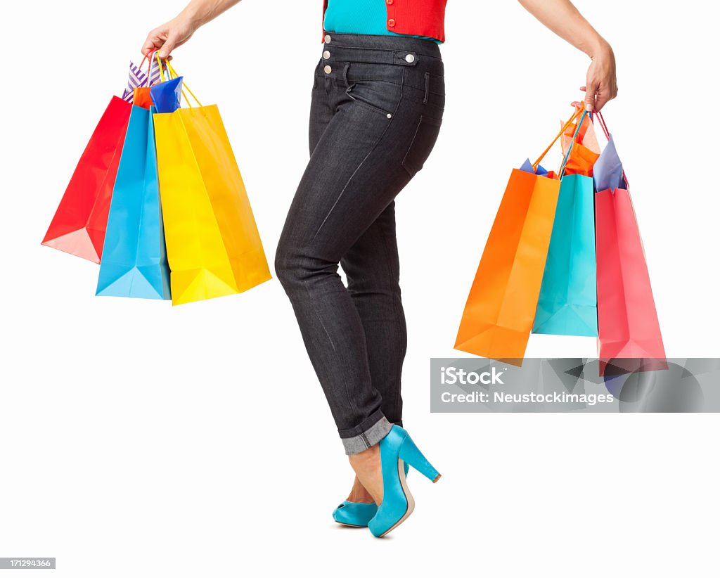 Mulher segurando sacolas de compras, isolado colorida - Foto de stock de Colorido royalty-free