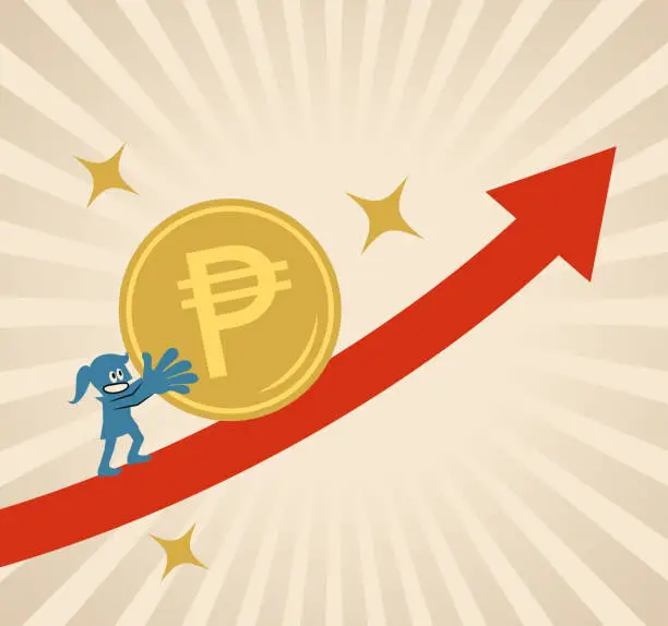 Vector illustration of A businesswoman pushes money forward on the upward arrow path