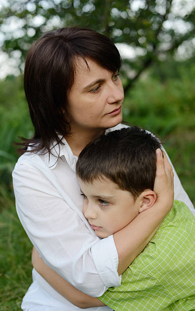 Sad Mother and Son stock photo