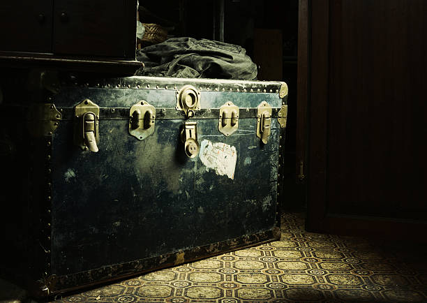 A black box with locks in a dimly lit room old box in dark attic treasure treasure chest photos stock pictures, royalty-free photos & images