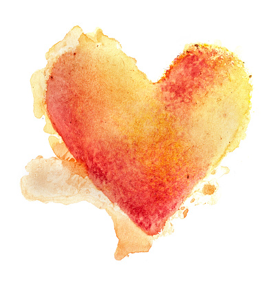 red/orange/yellow watercolors blend painted heart on real paper, can be used as a button on web page,  background for different art.