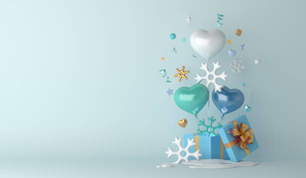 istock Winter decoration background with heart shape balloon, snowflakes, gift box, copy space text, 3D rendering illustration 1712957554