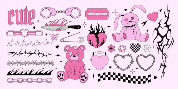 Vector illustration of Old bear and bunny toys, hearts, spikes, tattoo, flame, knife in 2000s style