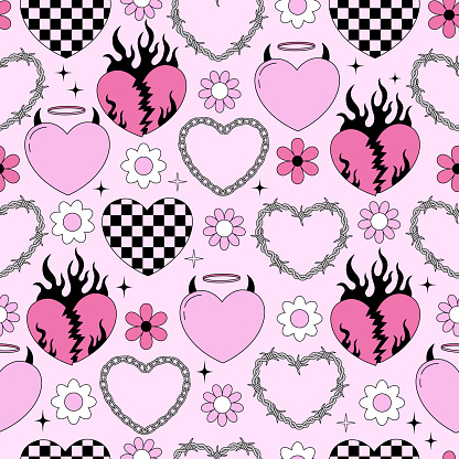 Seamless vector patern with black, pink, checkered, barbed wire abstract hearts and flowers. Y2k emo goth romantic background. Valentine day concept. Vector glam design