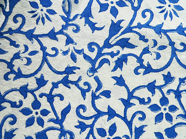 Texture  - Indian blue print on white cotton fabric stock photo