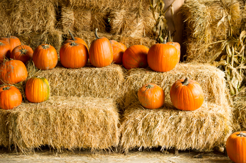 Pumpkins sitting on bails of hay at a farm