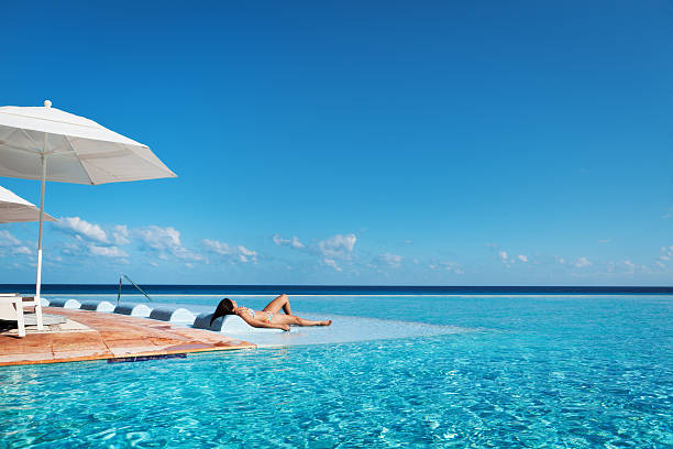 Subject: A young woman vacationer relaxing in an infinity pool of a tropical beach resort hotel.