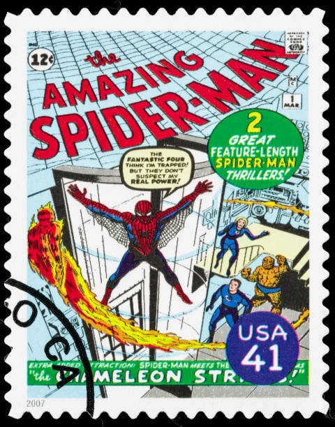 usa spider-man comic book cover postage stamp - spider man stockfoto's en -beelden