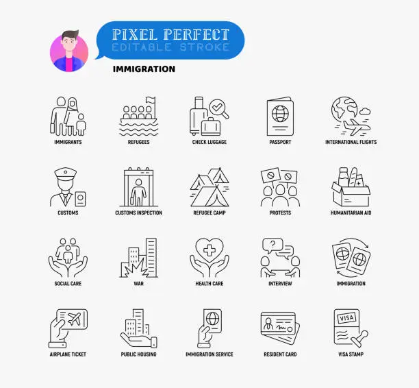 Vector illustration of Immigration thin line icons set: immigrants, illegals, baggage examination, passport, resident card, public housing, customs, inspection, refugee camp, demonstration. Editable stroke. Vector illustration.