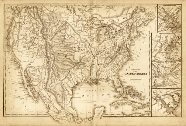 ilustraciones, imágenes clip art, dibujos animados e iconos de stock de mapa de estados unidos 1843 - vin01