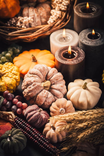 istock Pumpkins on wooden table - Thanksgiving, fall themed holiday table setting arrangement for a seasonal party 1712972374