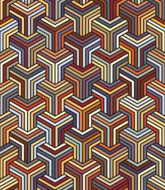 Vector illustration of Interlaced striped geometric elements with multicolored lines in blue, red, yellow, and brown. Seamless pattern. Retro style. Ornamental vector image for textile, wrapping, and decorative projects.