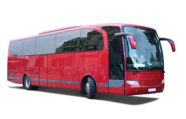 Red Bus Red tour bus isolated on white with drop shadow. coach bus photos stock pictures, royalty-free photos & images