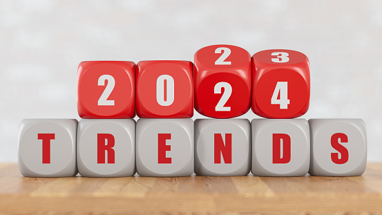 2024 Trends Concept with Cube Dices. 2024 New Year Concept. 3D Render
