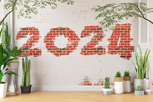 2024 New Year Concept with Green Plants and Brick Wall. 2024 New Year Concept. 3D Render
