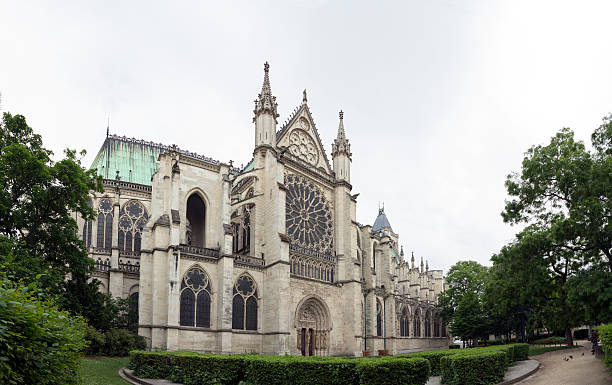 St. Denis Cathedral, Paris France "The Basilica of St. Denis, near Paris, France. The first gothic church ever built. Extreme wide angle, stitched from several images." basilica stock pictures, royalty-free photos & images