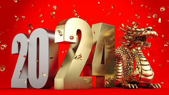 2024 Chinese New Concept Concept with a Golden Dragon. 2024 New Year Concept. 3D Render