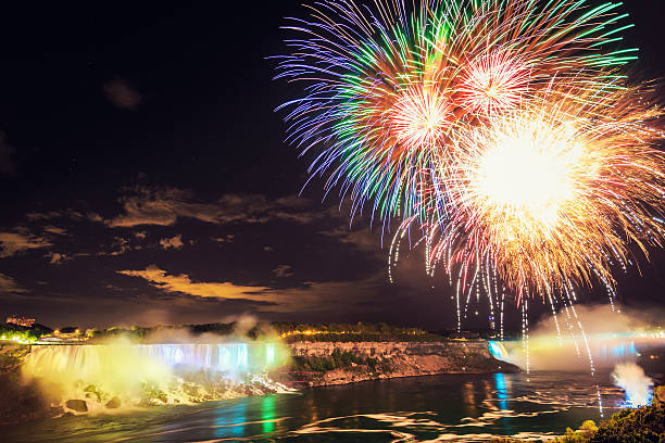 Colorful Fireworks at Niagara Falls Night Scene "Colorful Fireworks at illuminated Niagara Falls at Night. Niagara Falls,Canada." victoria day canada photos stock pictures, royalty-free photos & images
