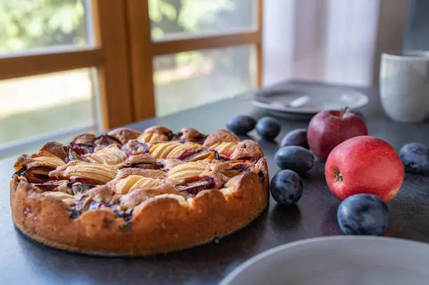 Delicious homemade traditional german cake with apples and plums topping. Served whole and ready to eat on a table near to a window. closeup, front view