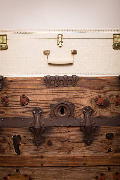 Retro, White Suitcase Sitting on Antique Wood Trunk