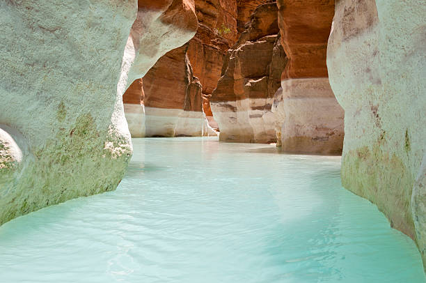 Mouth of Havasu Canyon "Travertine (calcium carbonate) deposits on Havasu Canyon walls (mile 157) mark previous water levels. This is one of several images captured during a 200 mile, 16 day trip through the Grand Canyon." harasu canyon stock pictures, royalty-free photos & images